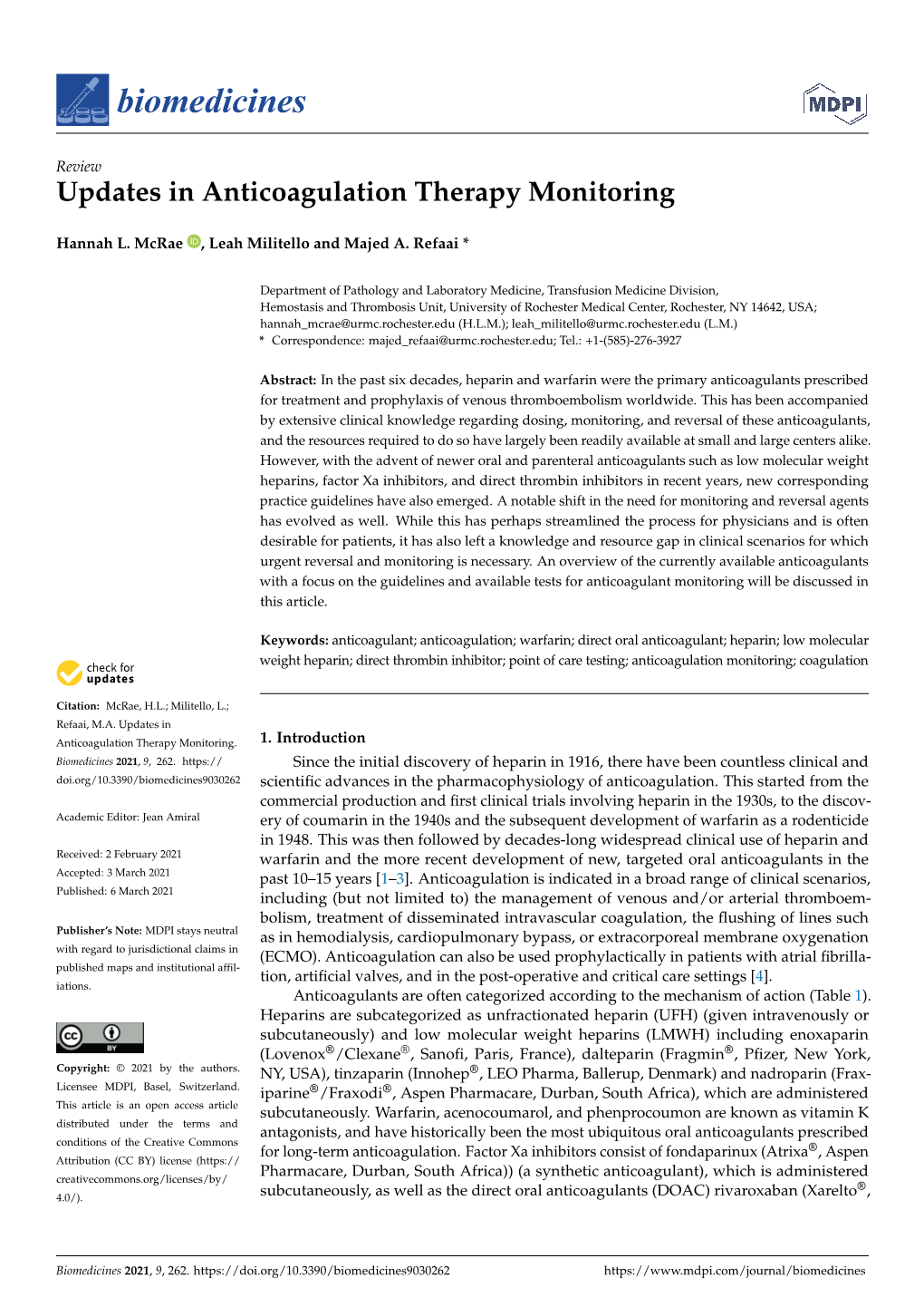 Updates in Anticoagulation Therapy Monitoring