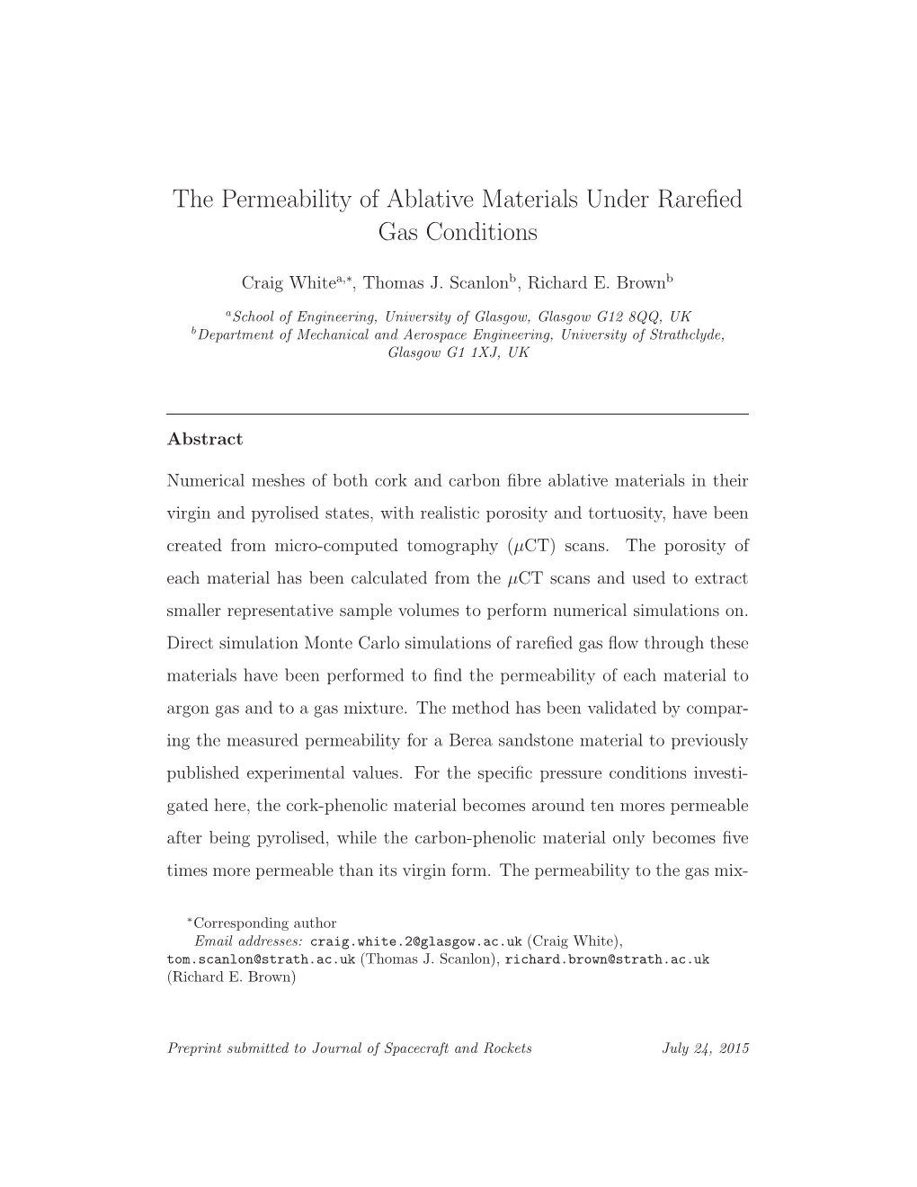 The Permeability of Ablative Materials Under Rarefied Gas Conditions