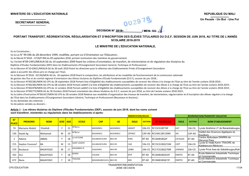 Un Peuple - Un but - Une Foi SECRETARIAT GENERAL ------DECISION N° 2018- / MEN- SG