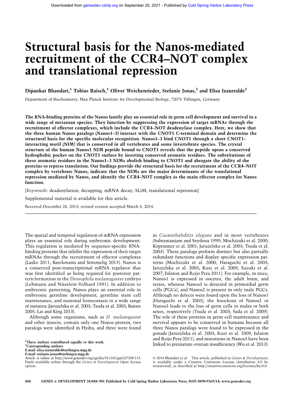 Structural Basis for the Nanos-Mediated Recruitment of the CCR4–NOT Complex and Translational Repression