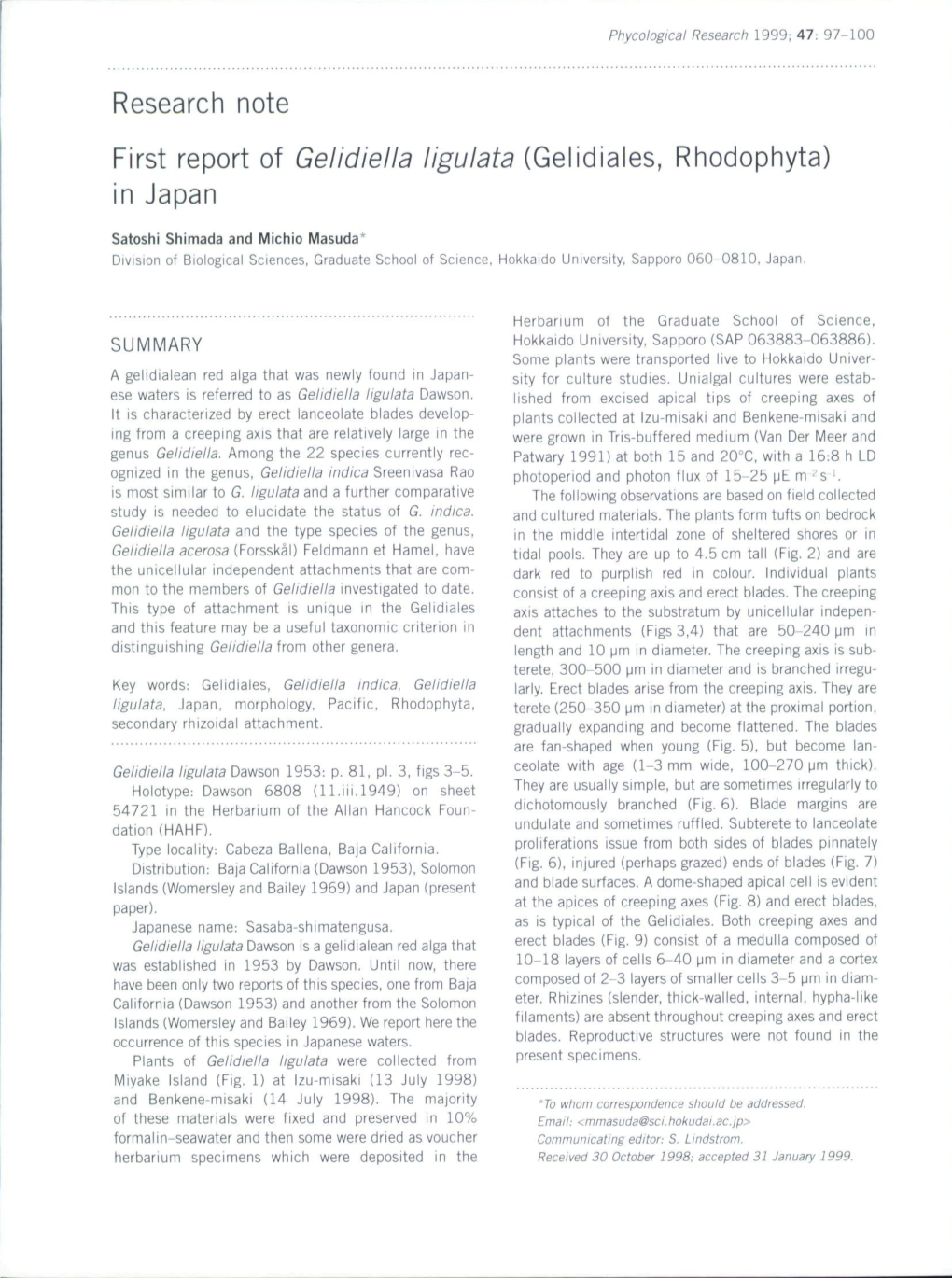 Research Note First Report of Gelidlella Ligulata (Gelidiales, Rhodophyta) in Japan