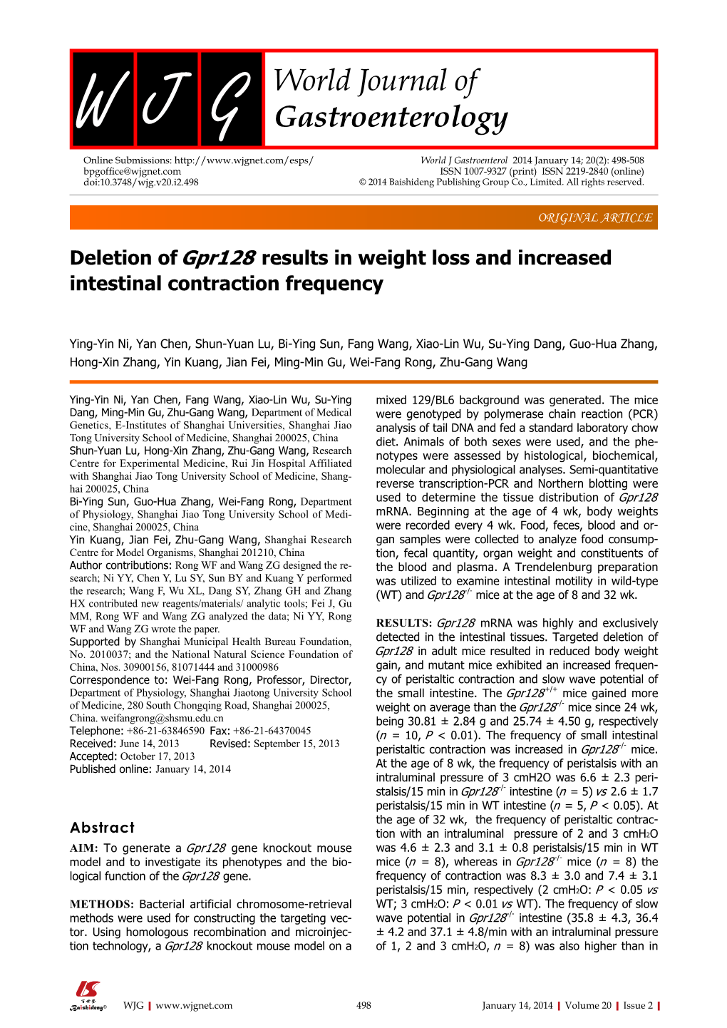 Deletion of Gpr128 Results in Weight Loss and Increased Intestinal Contraction Frequency