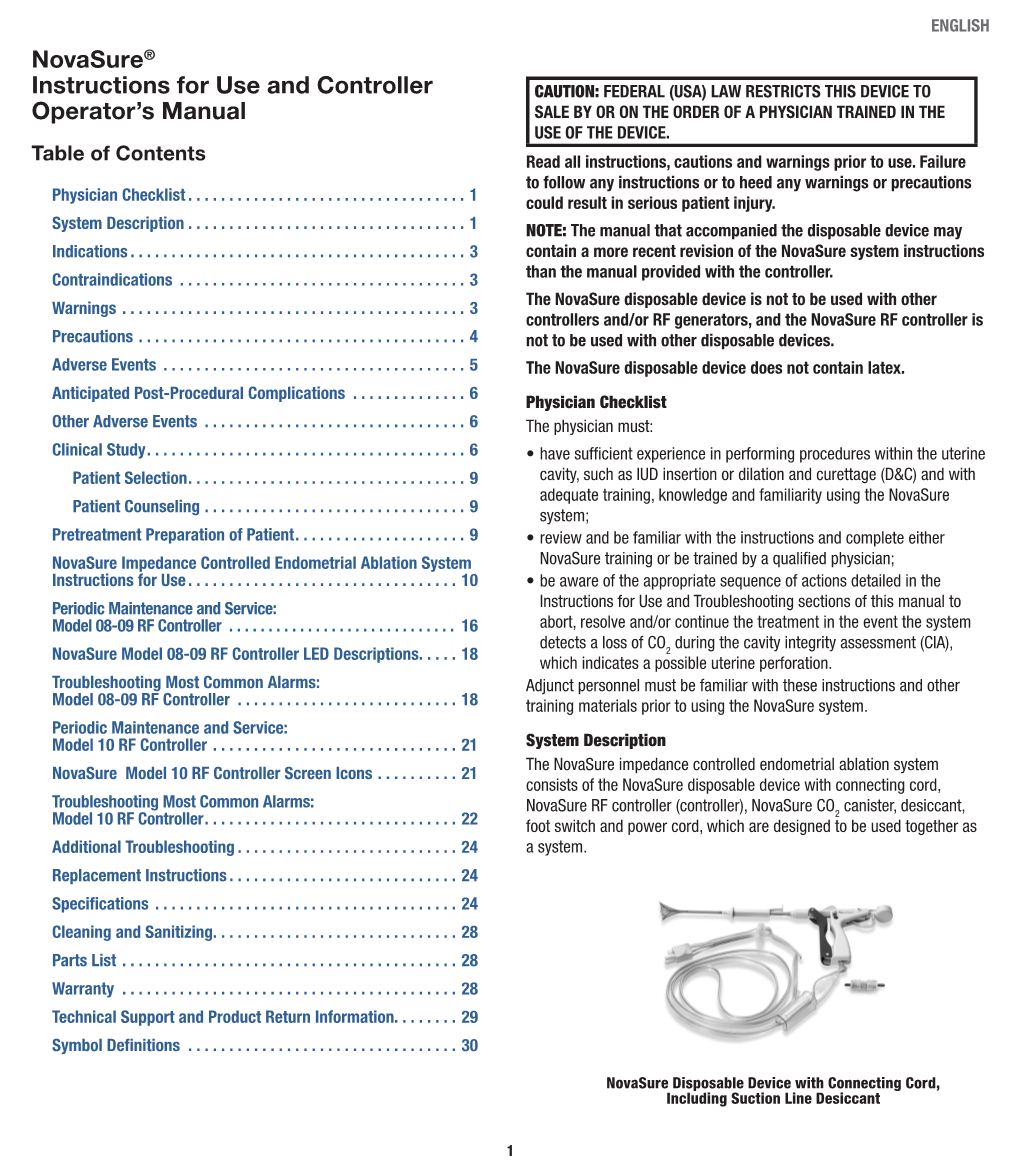 Novasure® Instructions for Use and Controller Operator's Manual