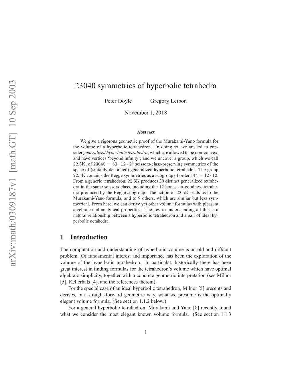 23040 Symmetries of Hyperbolic Tetrahedra