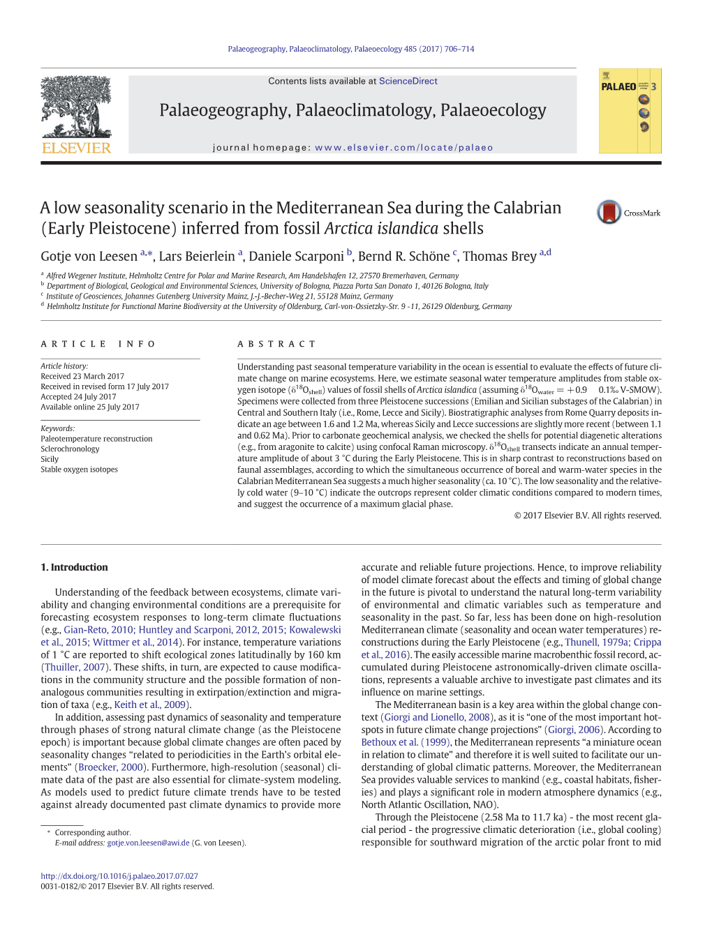 A Low Seasonality Scenario in the Mediterranean Sea During the Calabrian (Early Pleistocene) Inferred from Fossil Arctica Islandica Shells