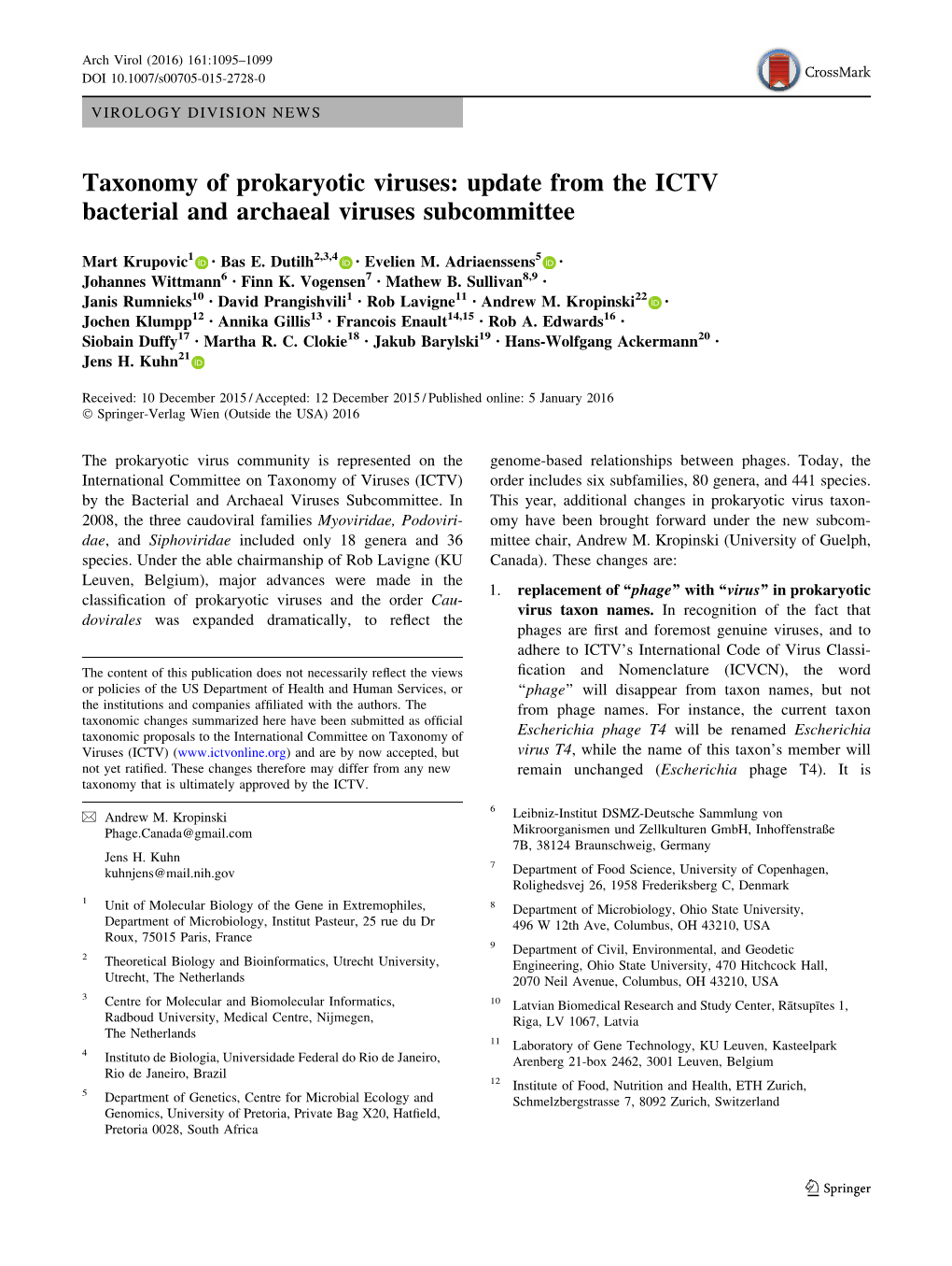 Taxonomy of Prokaryotic Viruses: Update from the ICTV Bacterial and Archaeal Viruses Subcommittee