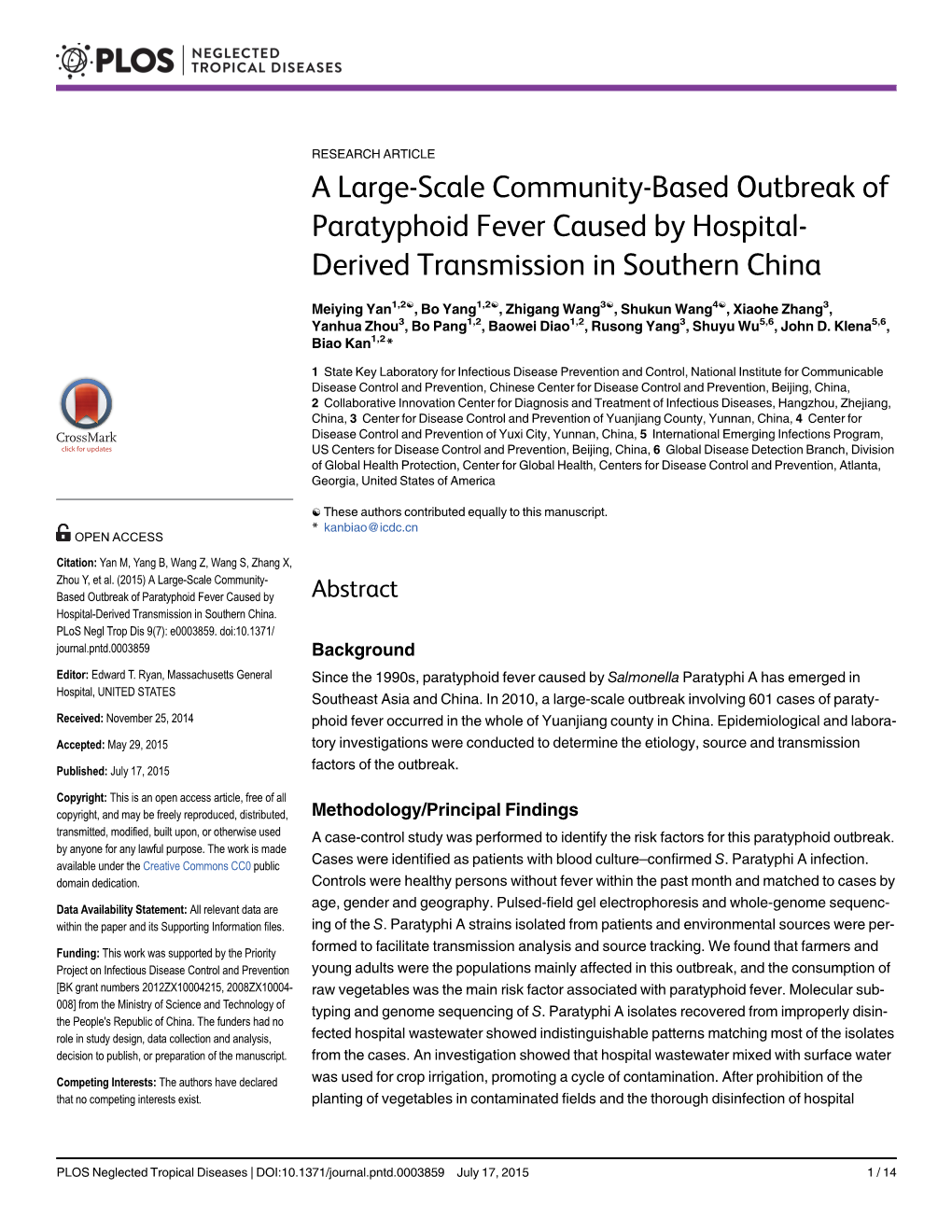 A Large-Scale Community-Based Outbreak of Paratyphoid Fever Caused by Hospital- Derived Transmission in Southern China