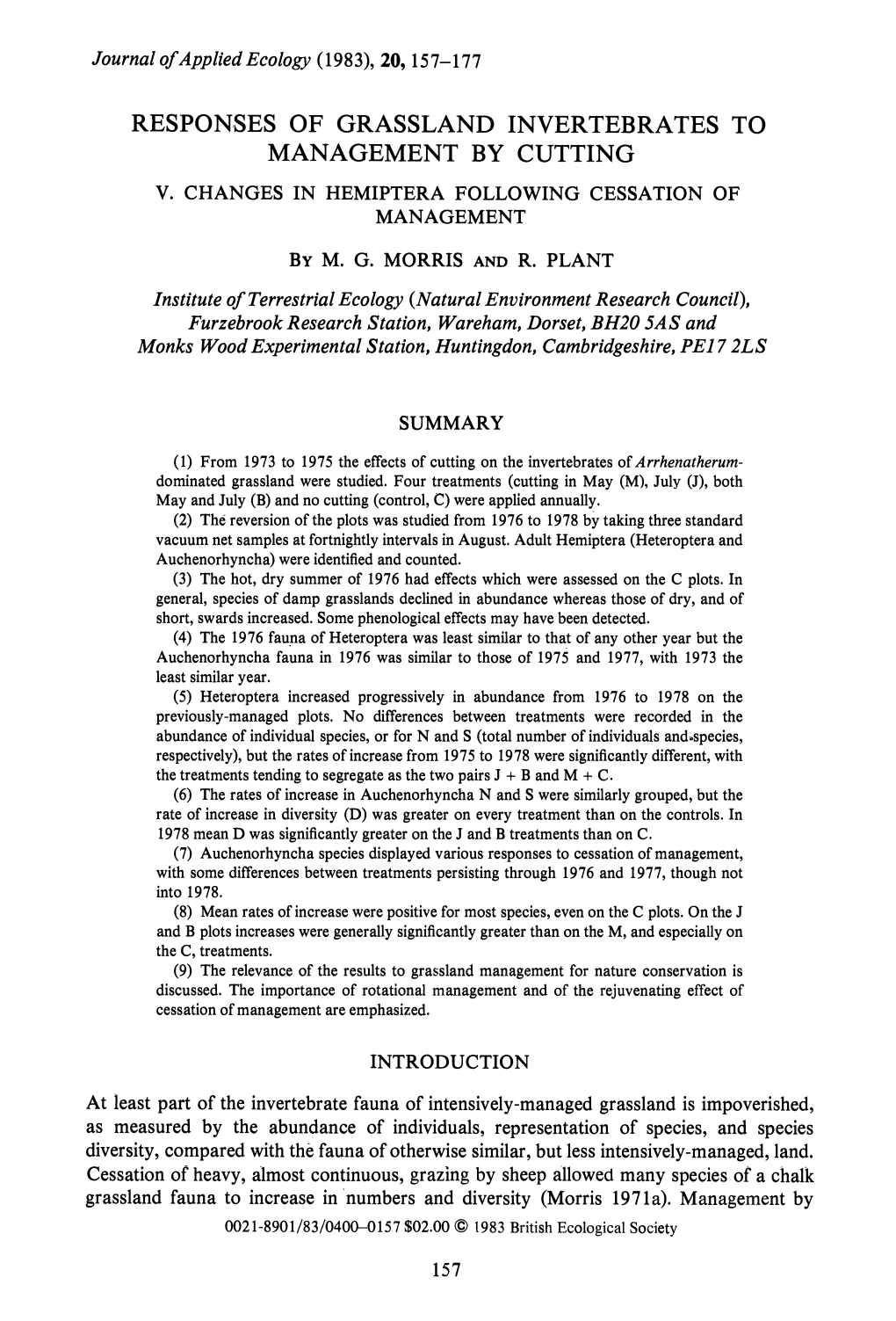 Responses of Grassland Invertebrates to Management by Cutting. V