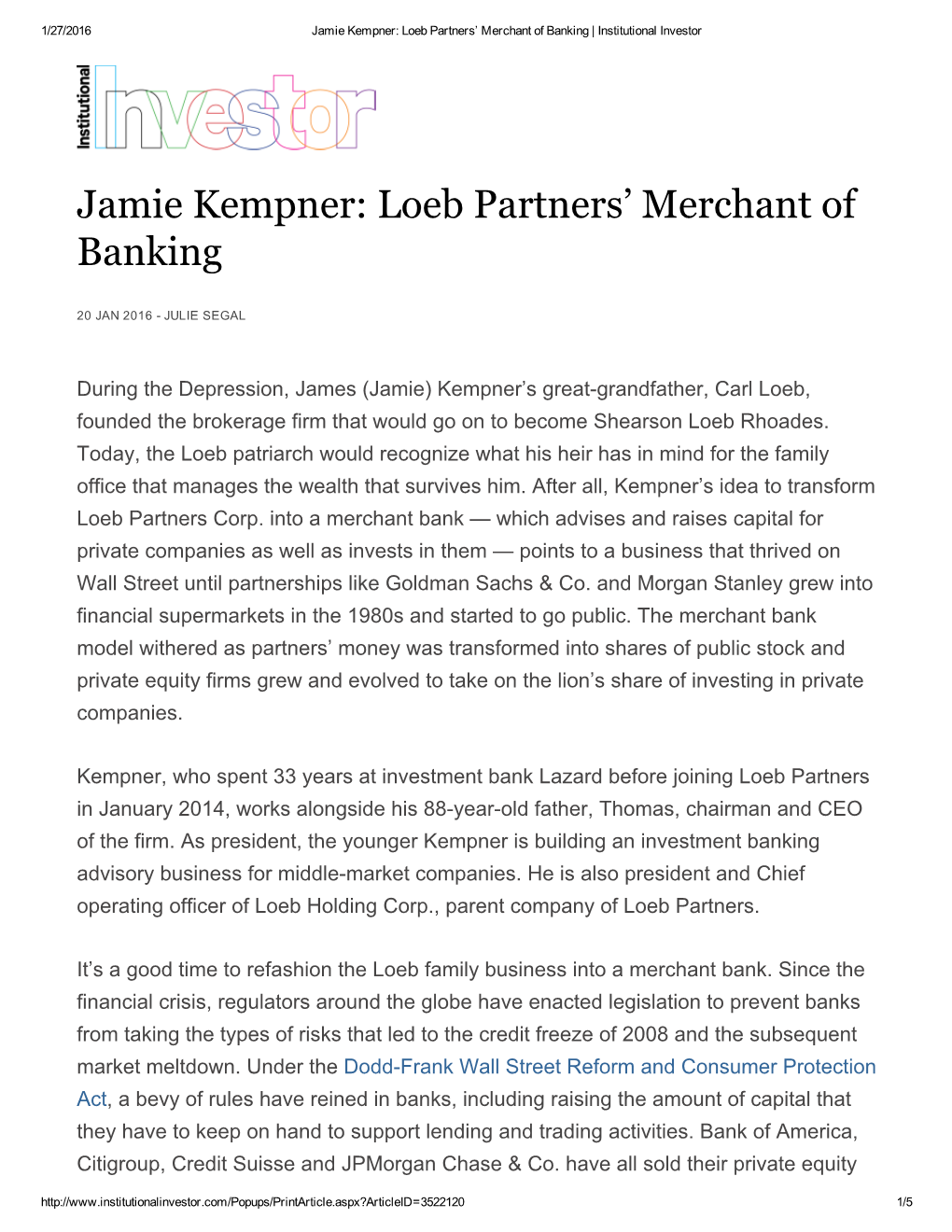 Jamie Kempner: Loeb Partners' Merchant of Banking