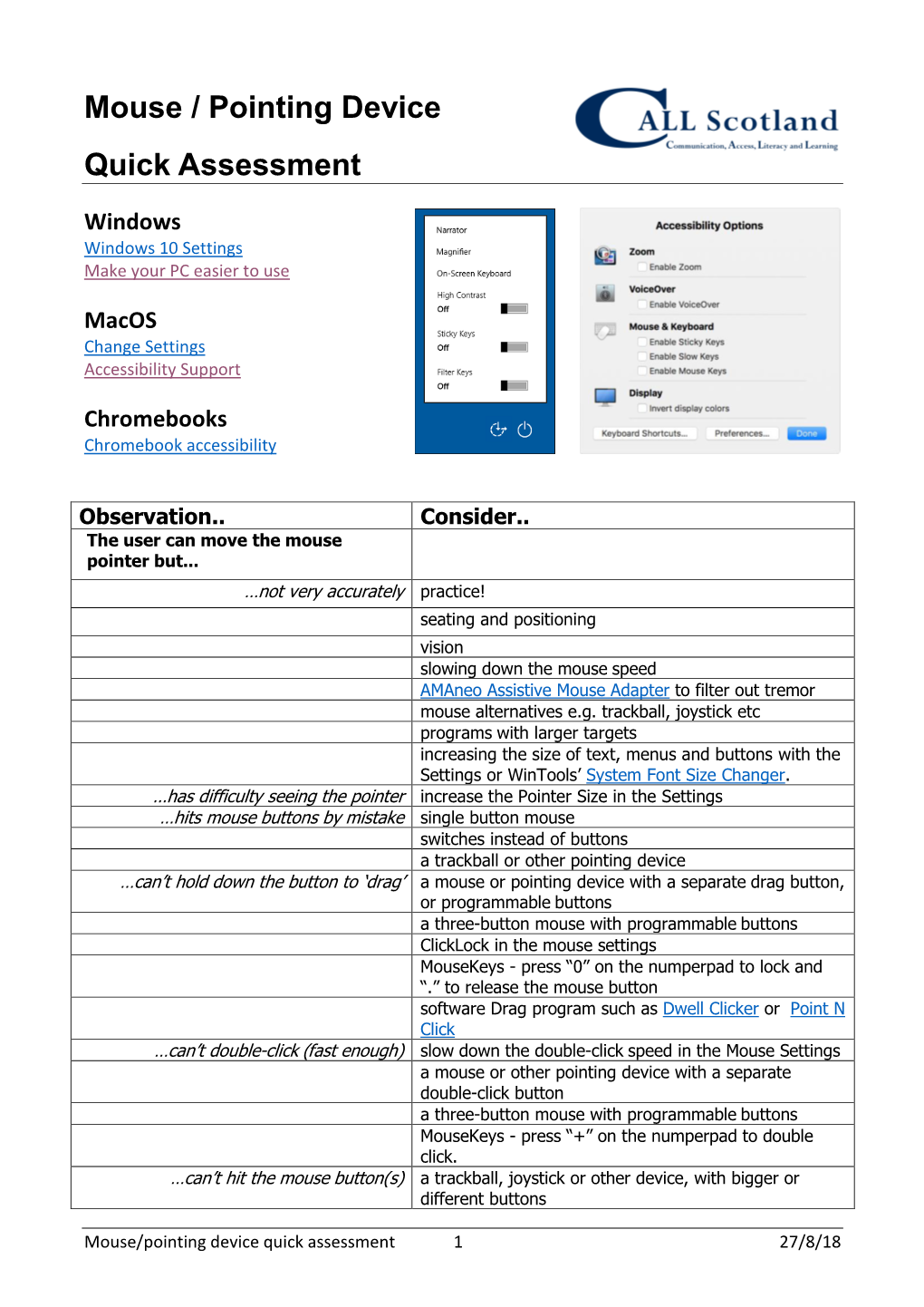 Mouse / Pointing Device Quick Assessment