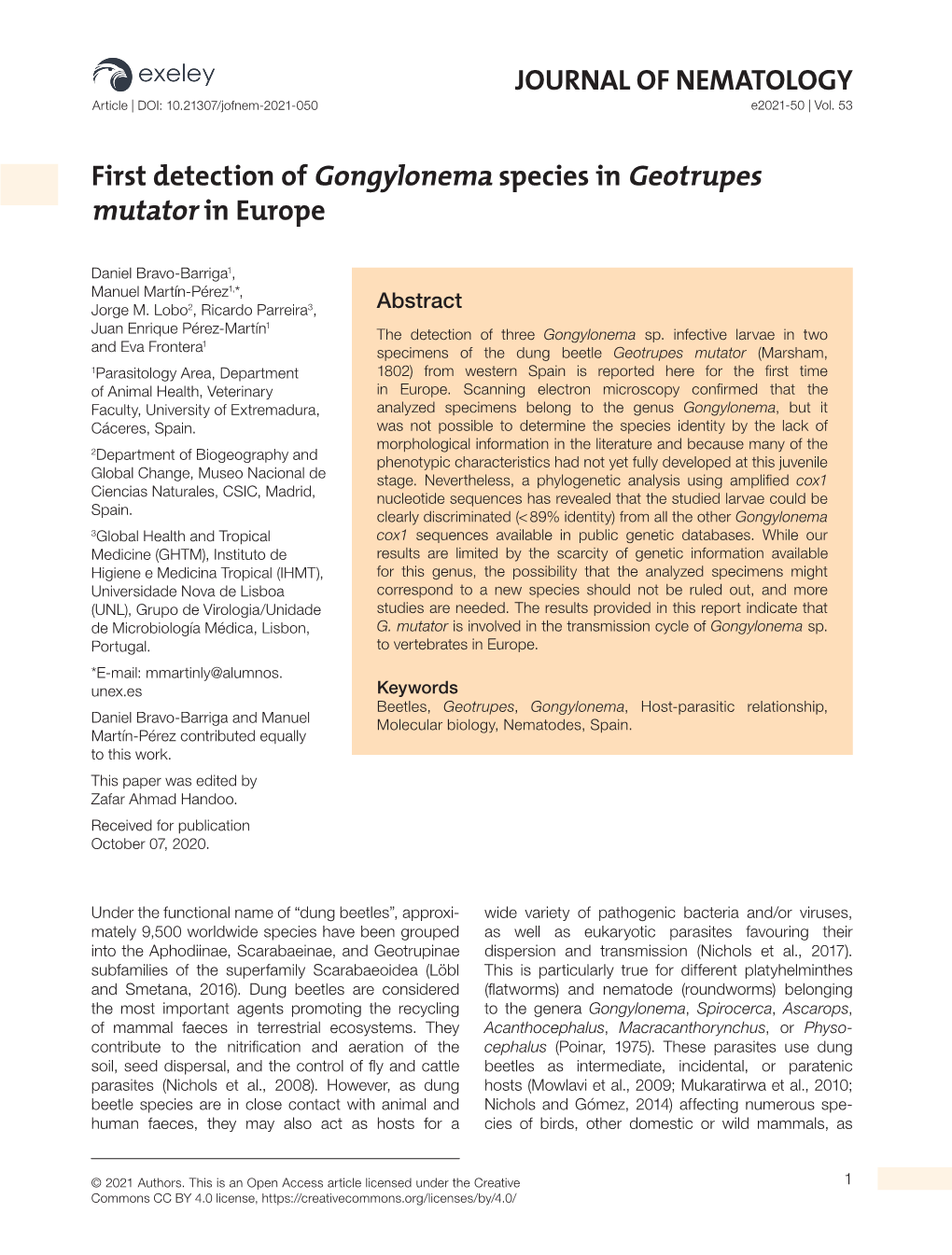 First Detection of Gongylonema Species in Geotrupes Mutator in Europe