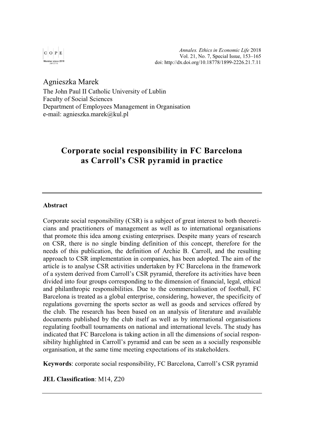 Corporate Social Responsibility in FC Barcelona As Carroll's CSR