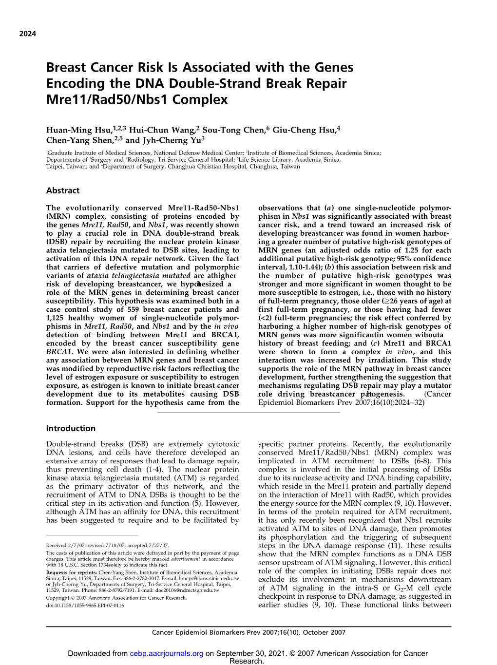 Breast Cancer Risk Is Associated with the Genes Encoding the DNA Double-Strand Break Repair Mre11/Rad50/Nbs1 Complex