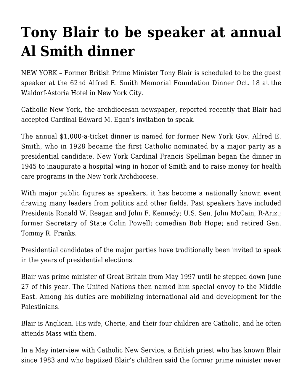 Tony Blair to Be Speaker at Annual Al Smith Dinner