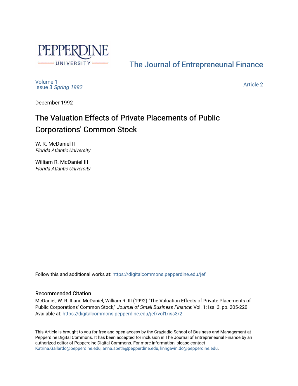The Valuation Effects of Private Placements of Public Corporations' Common Stock