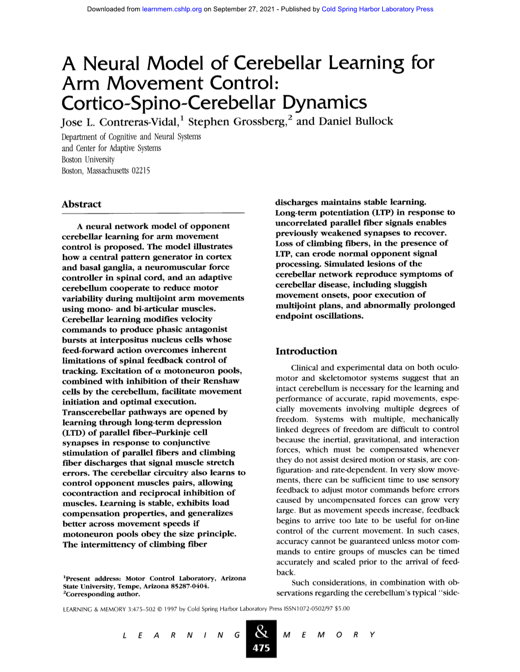 A Neural Model of Cerebellar Learning for Arm Movement Control: Cortico-Spino-Cerebellar Dynamics Jose L