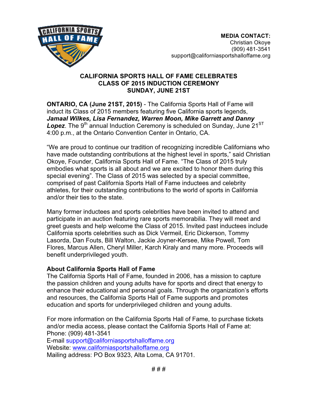 2015 Induction Press Release