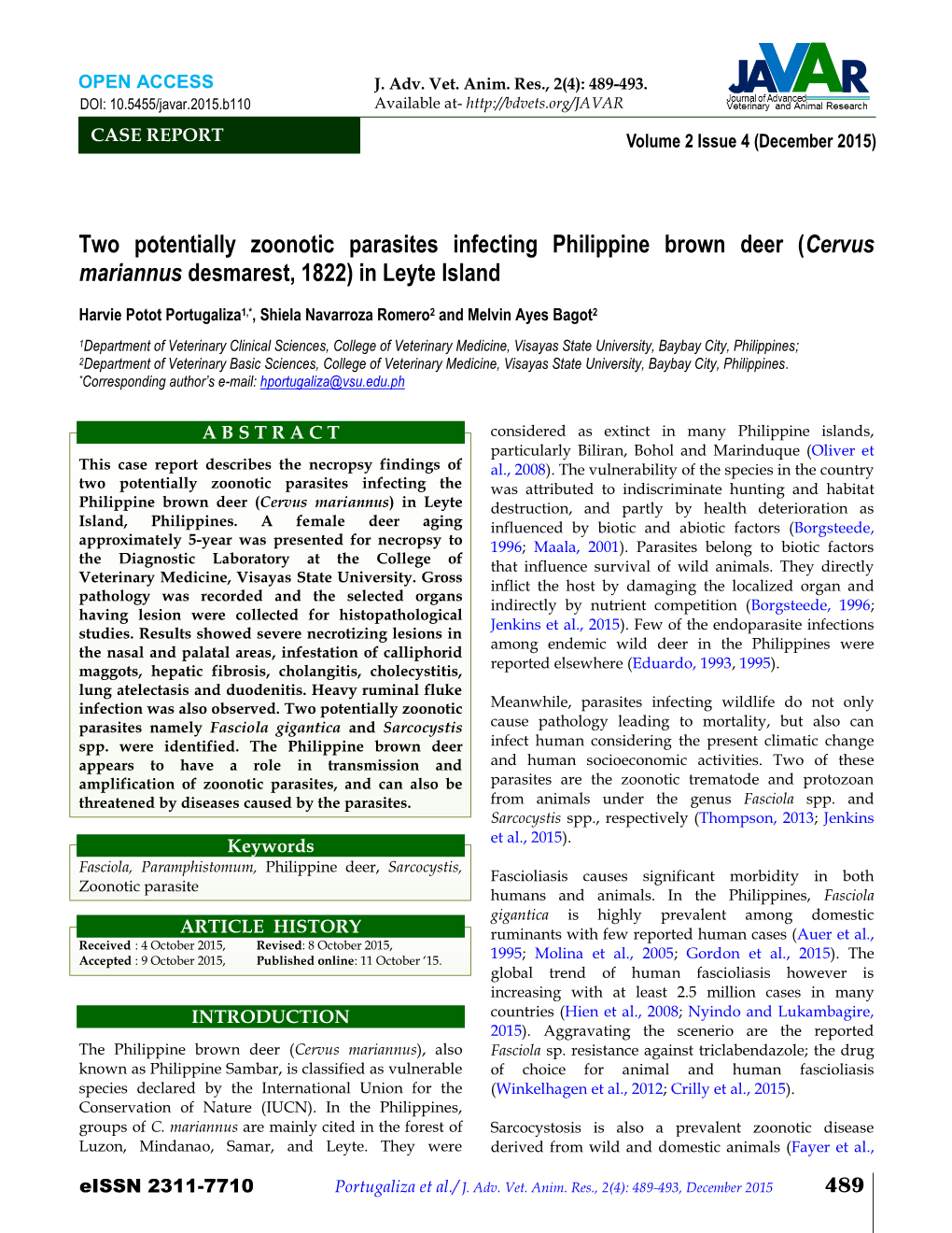 Two Potentially Zoonotic Parasites Infecting Philippine Brown Deer (Cervus Mariannus Desmarest, 1822) in Leyte Island