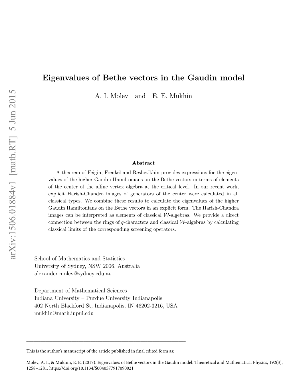 Eigenvalues of Bethe Vectors in the Gaudin Model