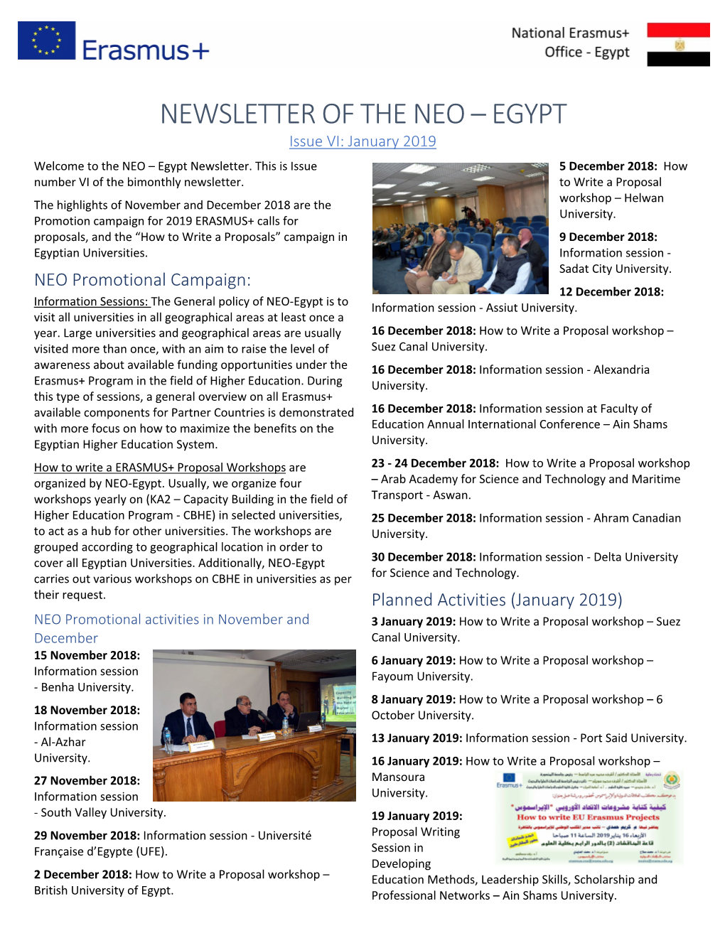 NEWSLETTER of the NEO – EGYPT Issue VI: January 2019 Welcome to the NEO – Egypt Newsletter