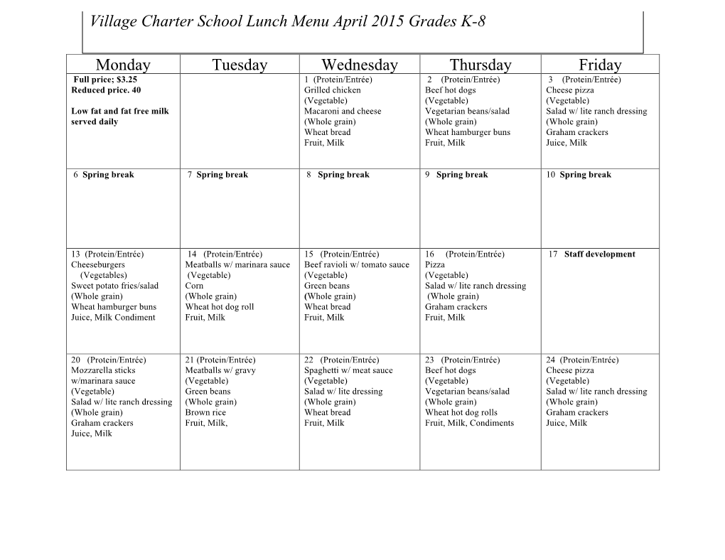 Monday Tuesday Wednesday Thursday Friday Village Charter