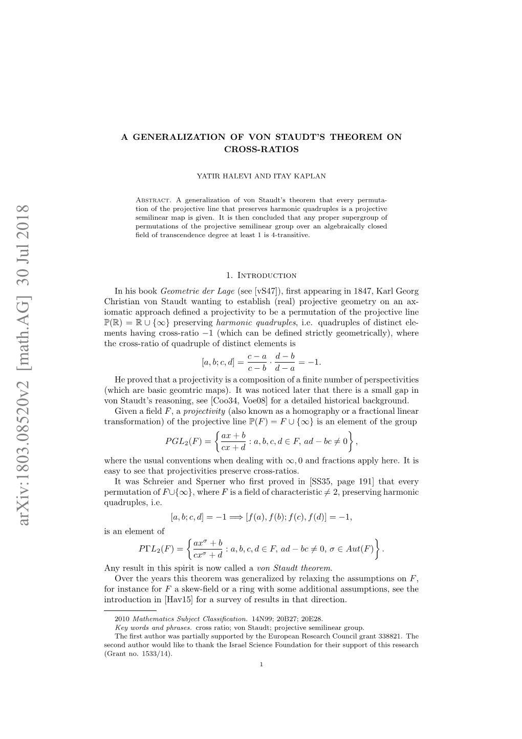 A Generalization of Von Staudt's Theorem on Cross-Ratios