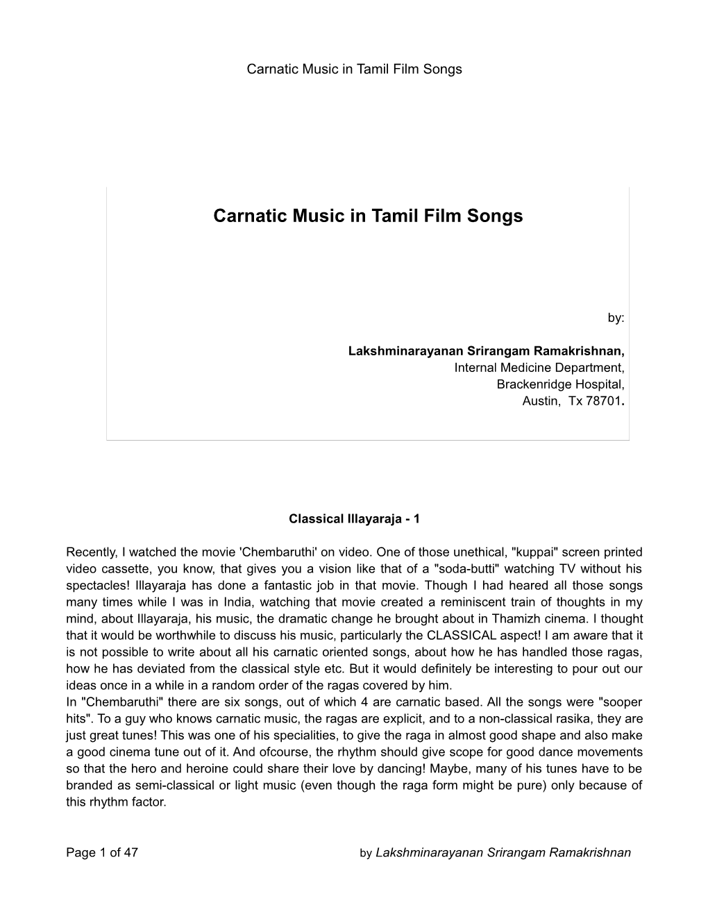 Carnatic Ragas in Ilayarajas Films