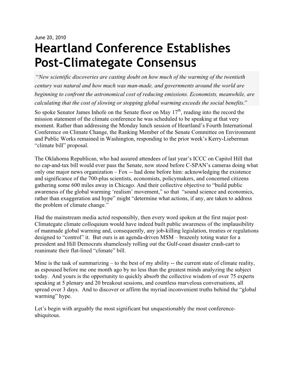 Heartland Conference Establishes Post-Climategate Consensus