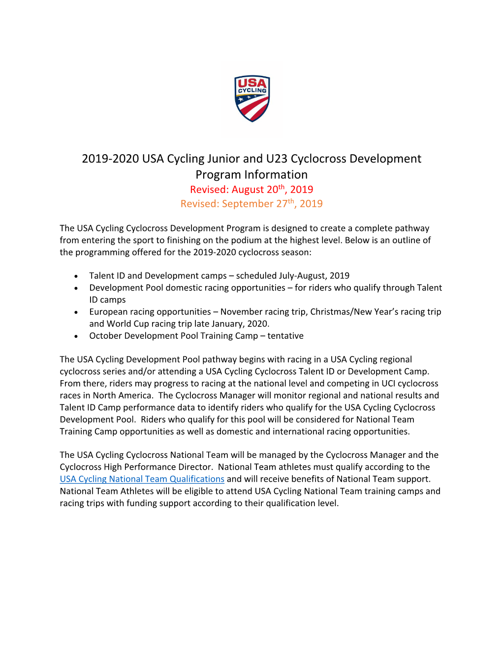 2019-2020 USA Cycling Junior and U23 Cyclocross Development Program Information Revised: August 20Th, 2019 Revised: September 27Th, 2019