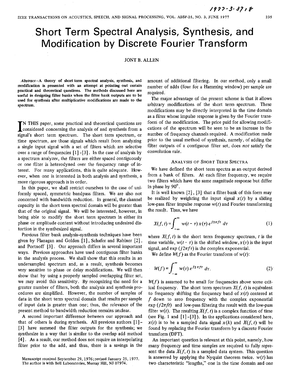 Short Term Spectral Analysis, Modification by Discrete Fourier