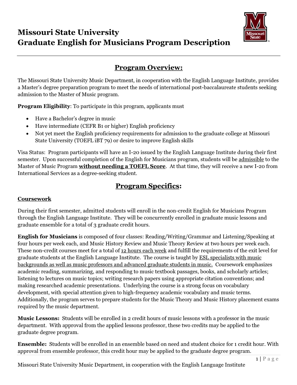 Missouri State University Graduate English for Musicians Program Description