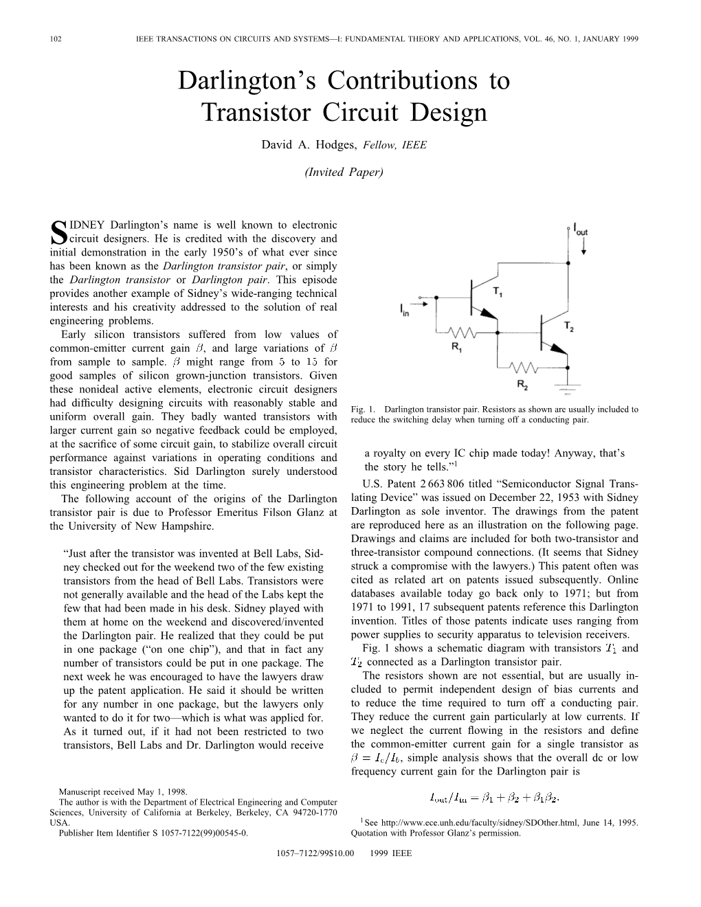 Darlington~S Contributions to Transistor Circuit Design