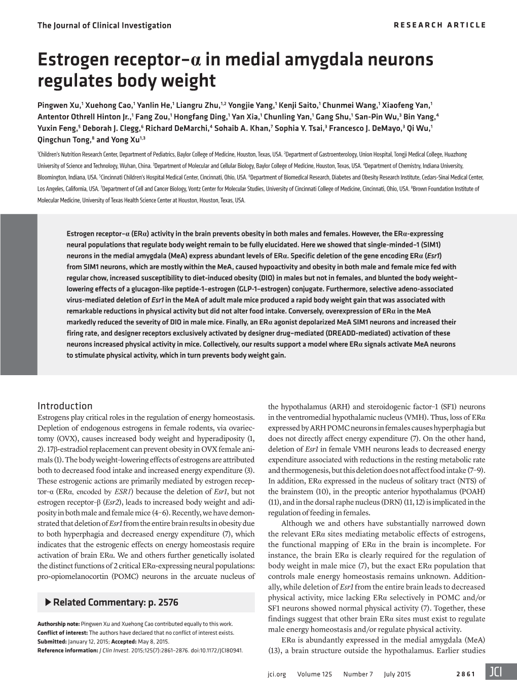 Estrogen Receptor–Α in Medial Amygdala Neurons Regulates Body Weight