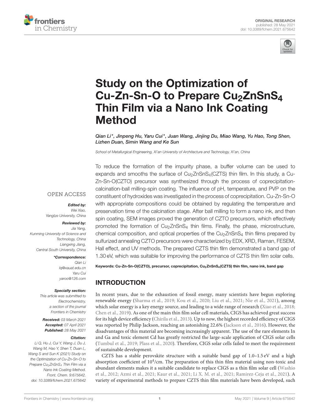 Study on the Optimization of Cu-Zn-Sn-O to Prepare Cu2znsns4 Thin Film Via a Nano Ink Coating Method