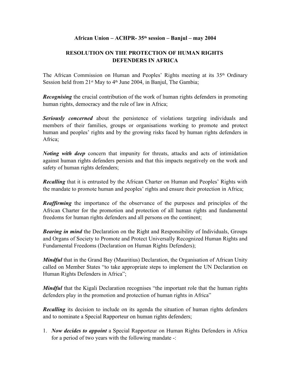 Resolution on the Protection of Human Rights Defenders in Africa