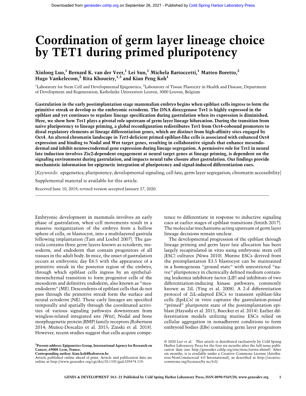 Coordination of Germ Layer Lineage Choice by TET1 During Primed Pluripotency