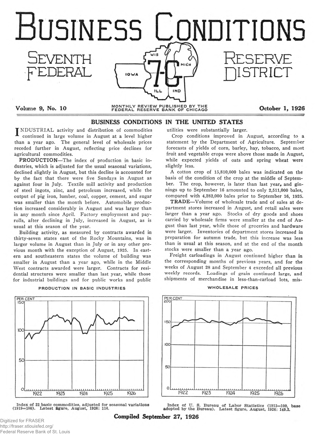 Business Conditions: October 1, 1926, Volume 9, Number 10