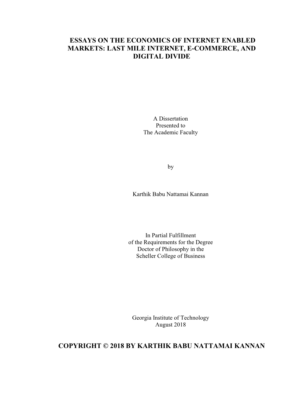 Essays on the Economics of Internet Enabled Markets: Last Mile Internet, E-Commerce, and Digital Divide