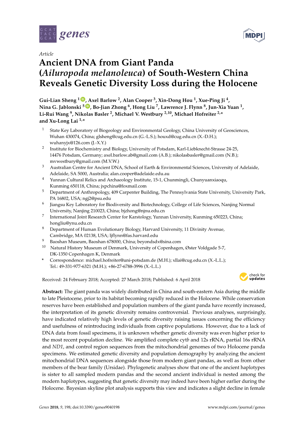 Ancient DNA from Giant Panda (Ailuropoda Melanoleuca) of South-Western China Reveals Genetic Diversity Loss During the Holocene