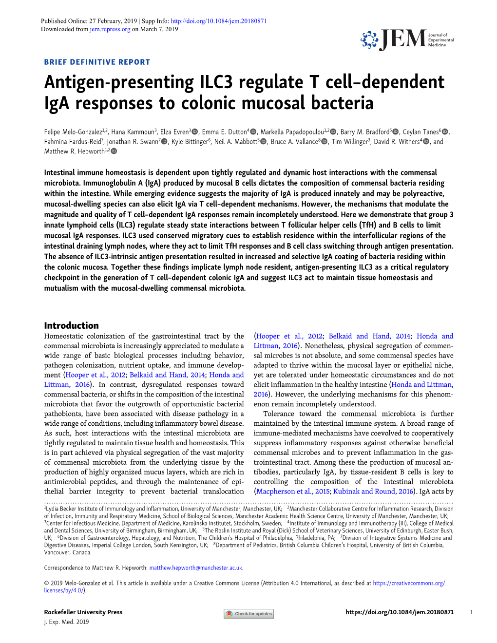 Antigen-Presenting ILC3 Regulate T Cell–Dependent Iga Responses to Colonic Mucosal Bacteria