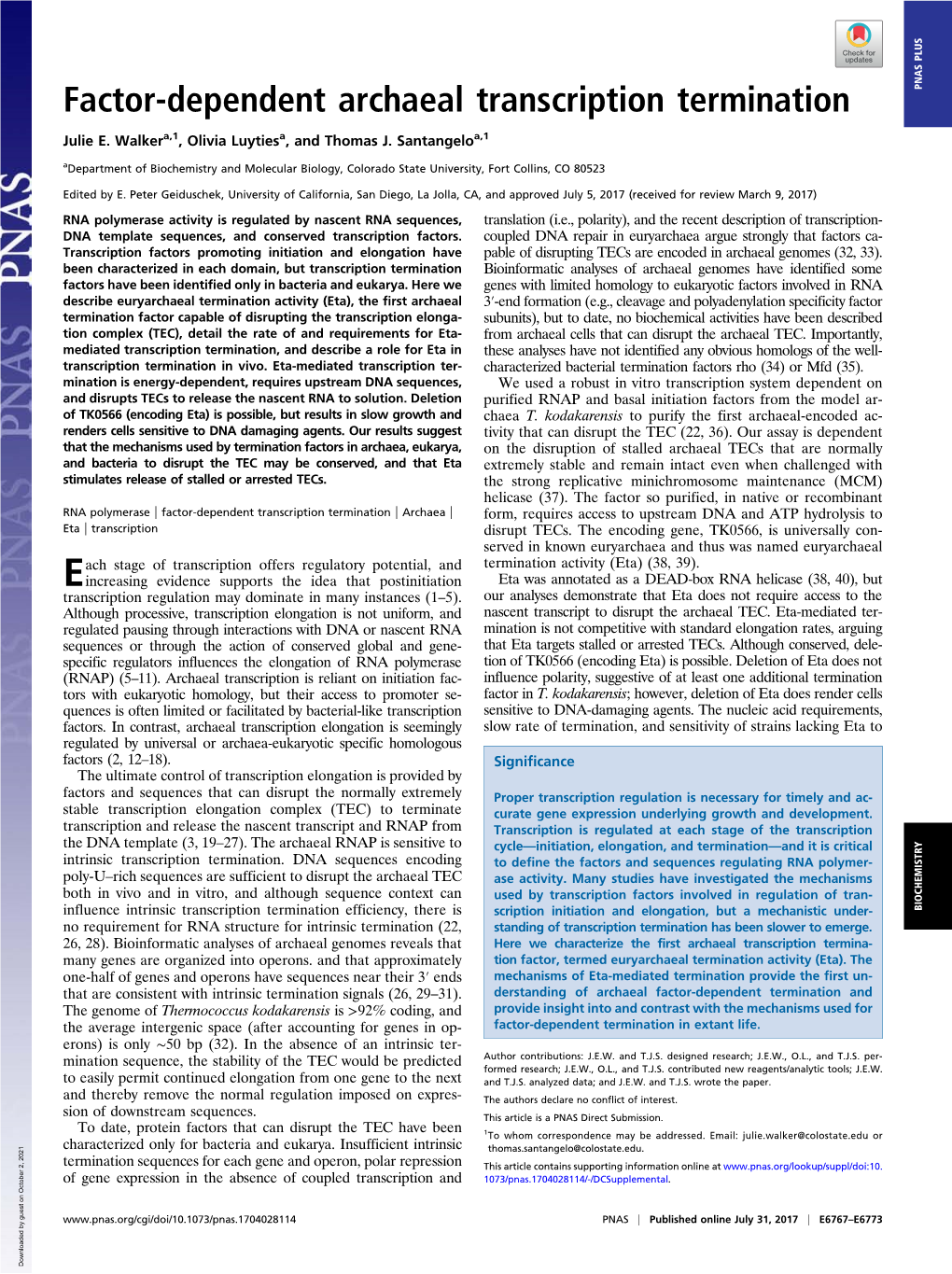 Factor-Dependent Archaeal Transcription Termination PNAS PLUS