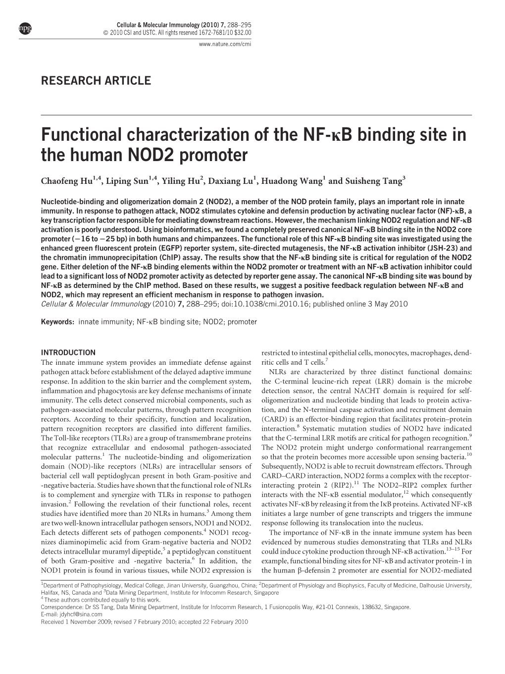 Functional Characterization of the NF-Κb Binding Site in the Human NOD2