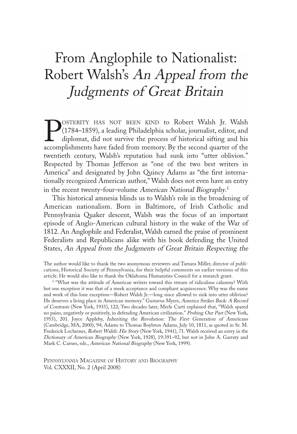 Robert Walsh's an Appeal from the Judgments of Great Britain