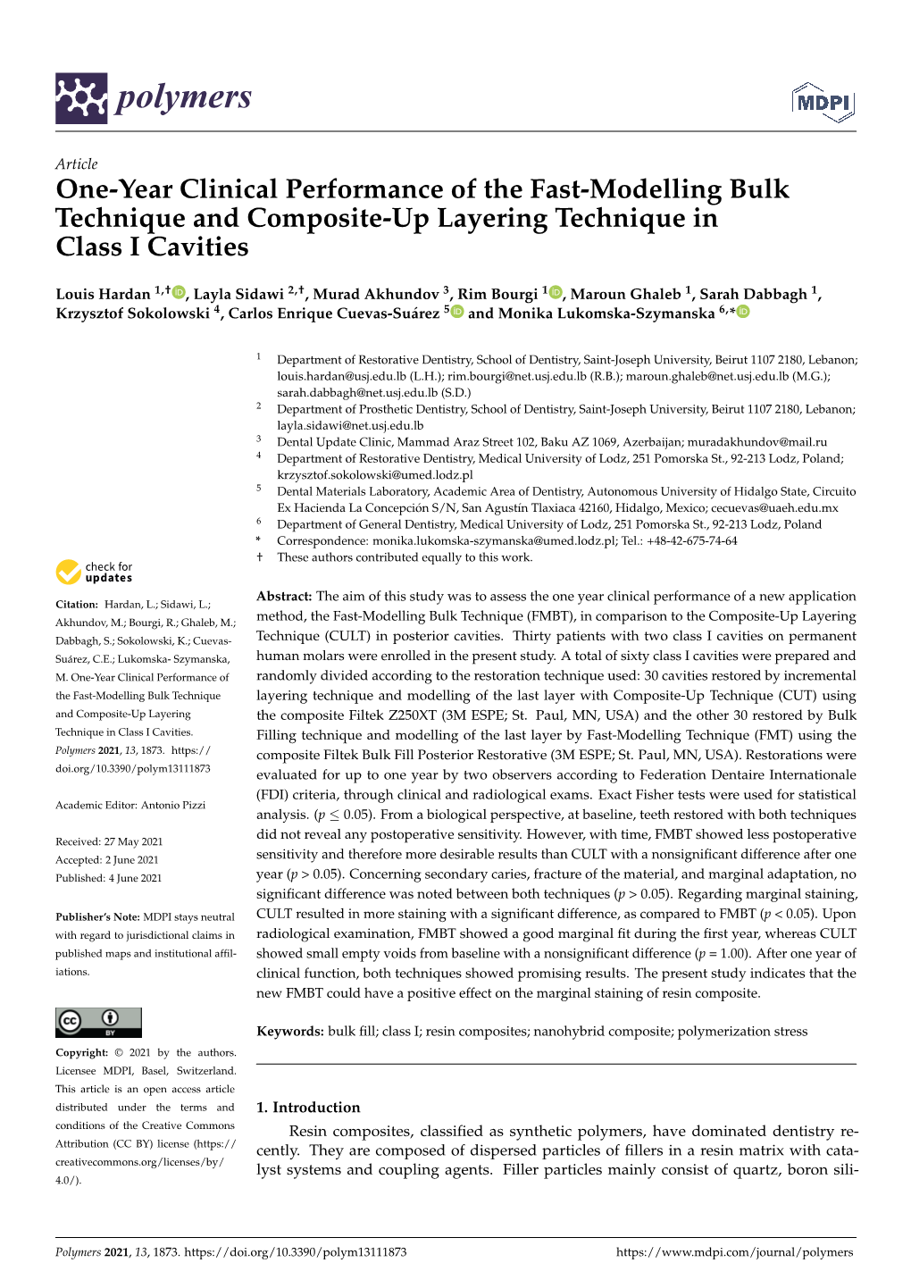 One-Year Clinical Performance of the Fast-Modelling Bulk Technique and Composite-Up Layering Technique in Class I Cavities