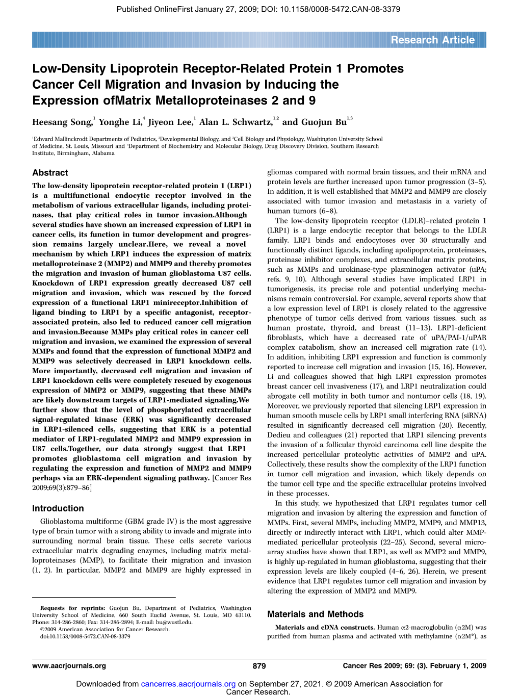 Low-Density Lipoprotein Receptor-Related Protein 1 Promotes Cancer Cell Migration and Invasion by Inducing the Expression Ofmatrix Metalloproteinases 2 and 9