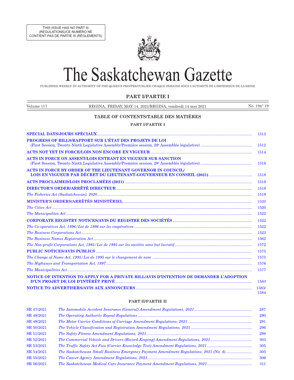 Gazette Part I, May 14, 2021