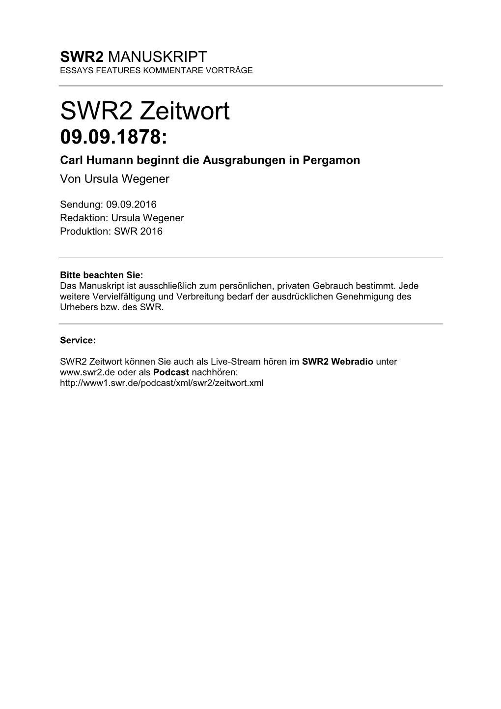 SWR2 Zeitwort 09.09.1878: Carl Humann Beginnt Die Ausgrabungen in Pergamon Von Ursula Wegener