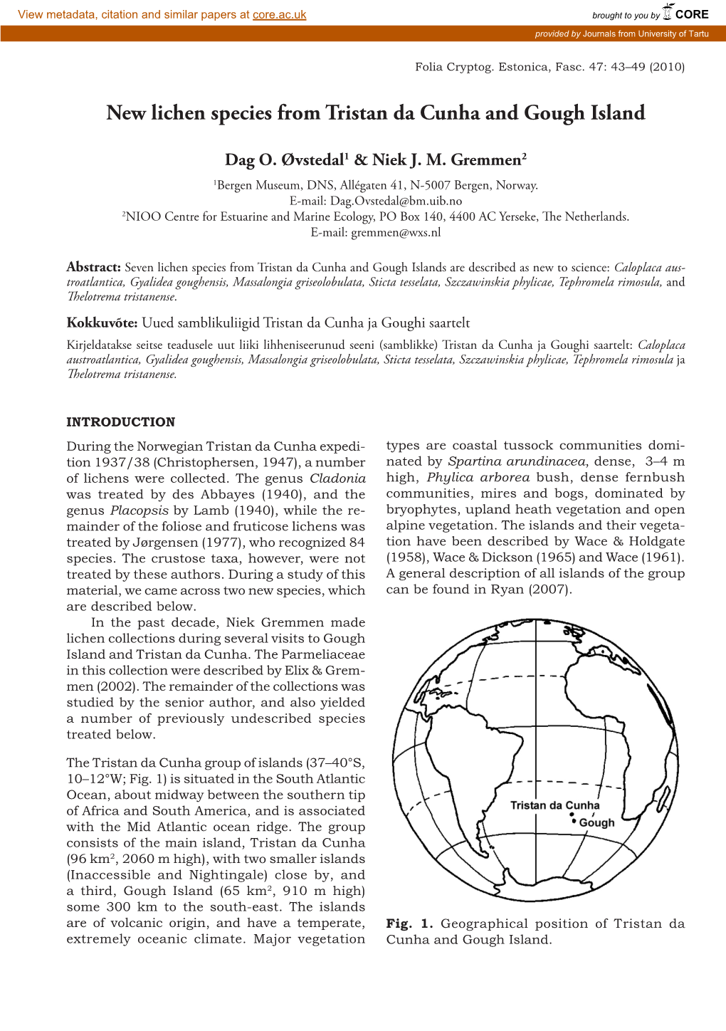 New Lichen Species from Tristan Da Cunha and Gough Island