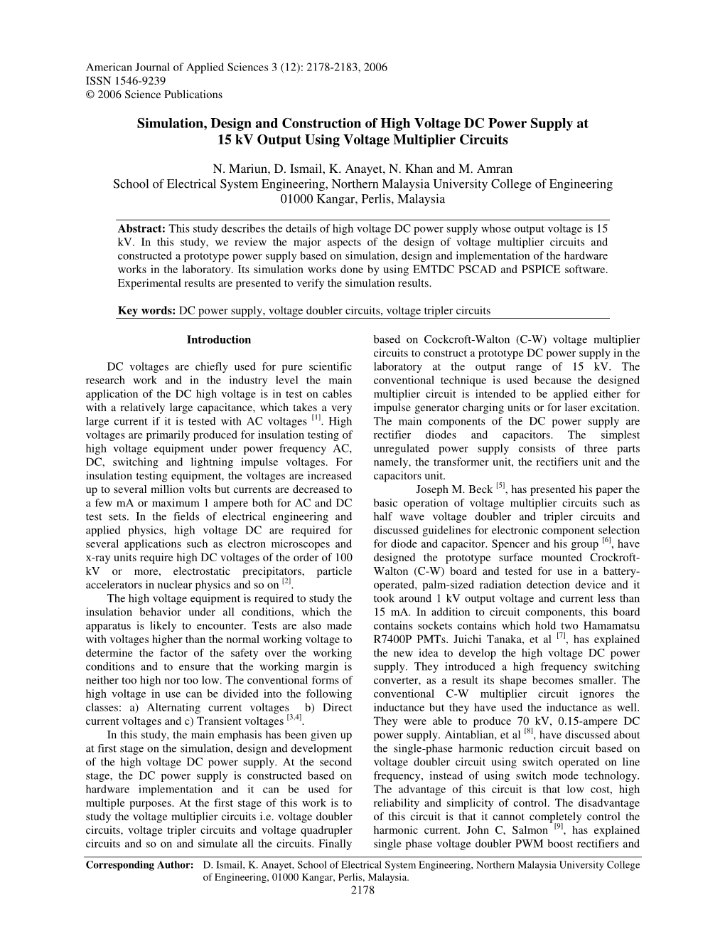 Simulation, Design and Construction of High Voltage DC Power Supply at 15 Kv Output Using Voltage Multiplier Circuits