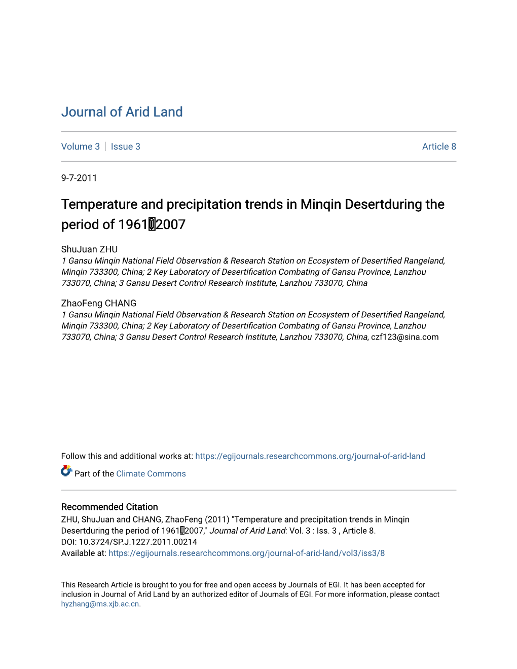 Temperature and Precipitation Trends in Minqin Desertduring the Period of 19612007